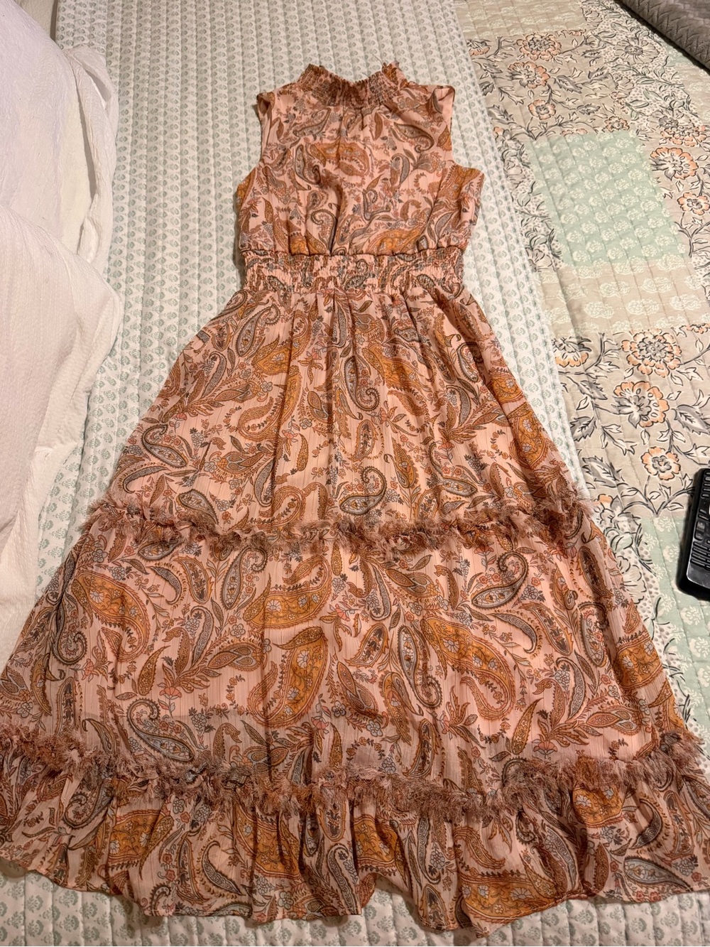 STATE Peach and Rust Paisley Tiered Maxi Dress